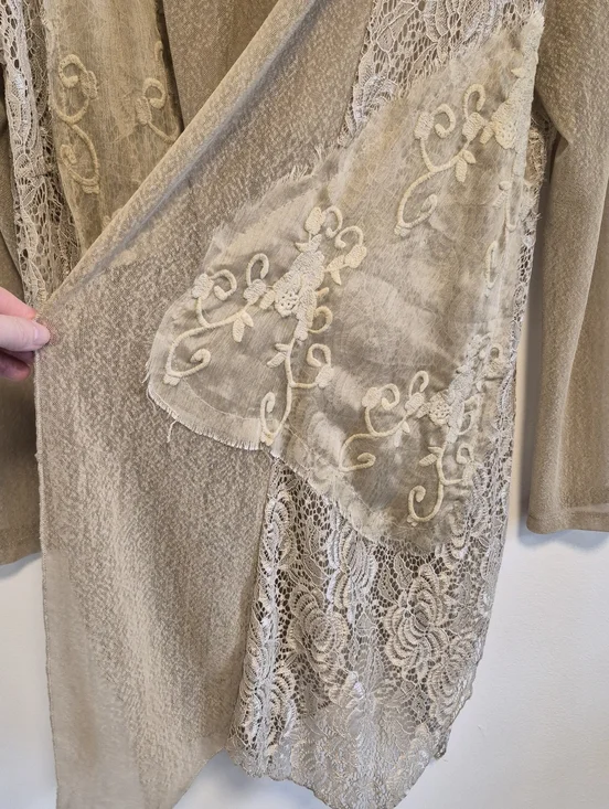 Vintage Ania A Sheer Lace Jacket Beige Asymmetrical Boho Whimsy Patchwork Sz M - Picture 8 of 13
